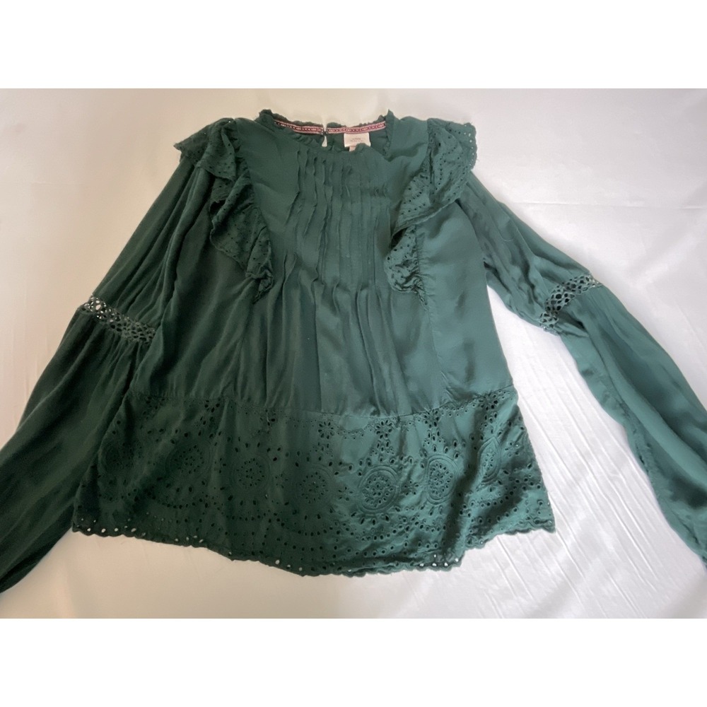 Knox Rose Dk  Green Ruffle Eyelet Girly Cottage Fairy Top Sm Pintucks